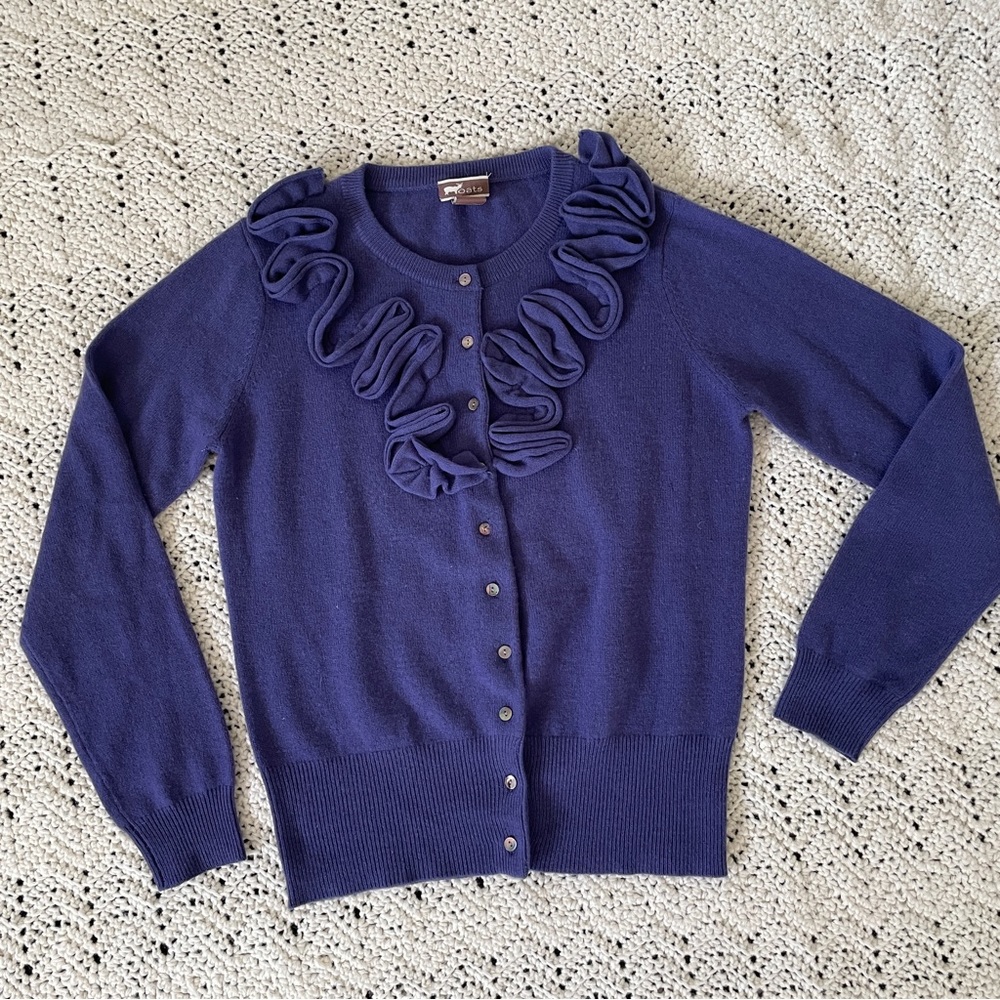 Oats Cashmere Ruffle Front Long Sleeve Cardigan Purple (Small) grandmacore comfy